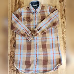 Outerknown Blanket Flannel Women’s Brown Blue Plaid Shirt Pacific Striped Size M